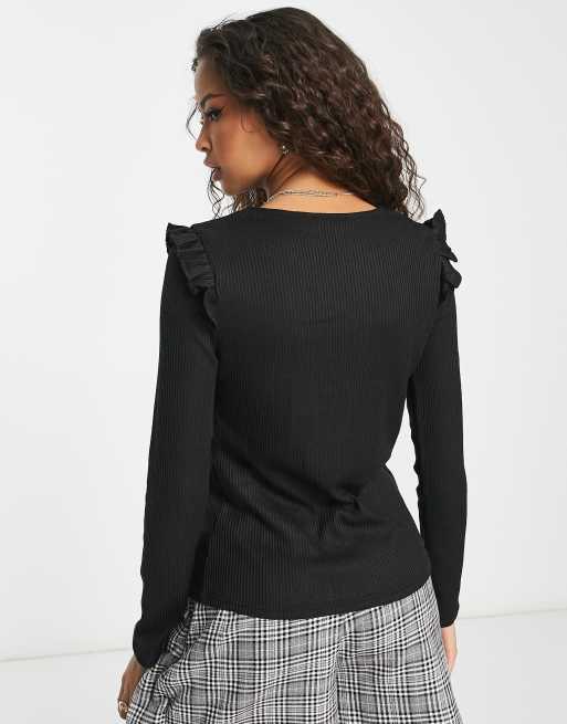 New Look knitted frill detail jumper in black ASOS