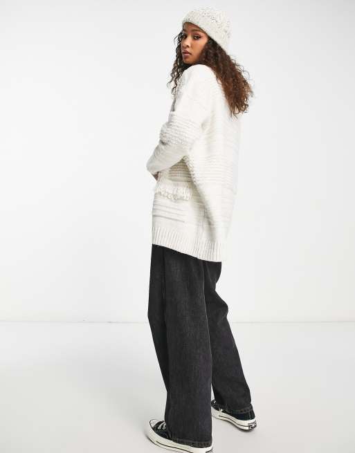 New Look knitted fringed longline cardigan in cream, 2 of 4