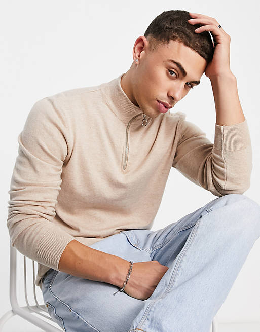 New Look knitted half zip jumper in stone