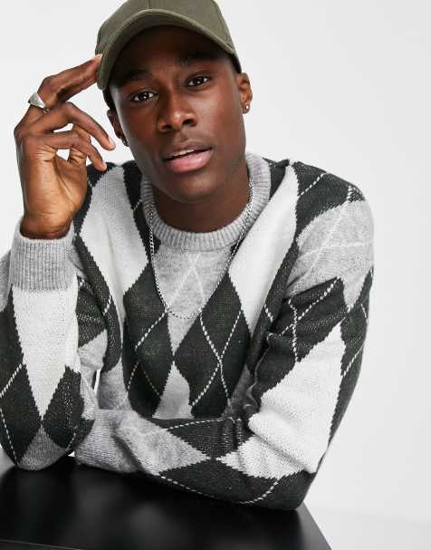 New Look knitted jumper with argyle pattern in mid grey