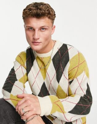 New Look knitted jumper with diamond pattern in off white