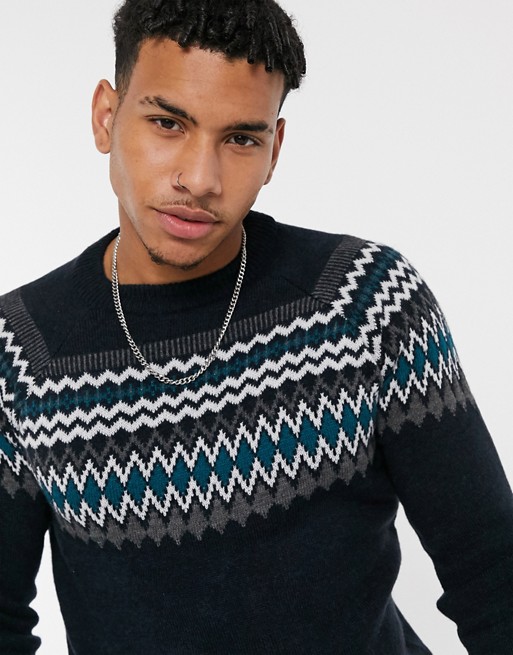 New Look knitted jumper with yoke pattern in navy