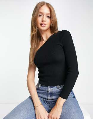 New Look knitted one shoulder jumper in black