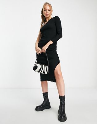 New Look knitted one shoulder midi dress in black