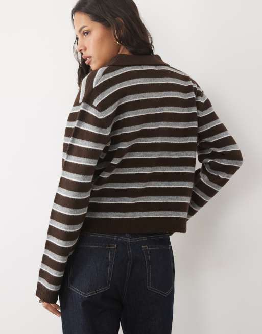 New Look knitted polo jumper in brown stripe, 3 of 4