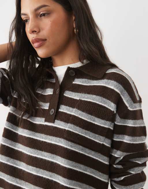 New Look knitted polo jumper in brown stripe, 4 of 4