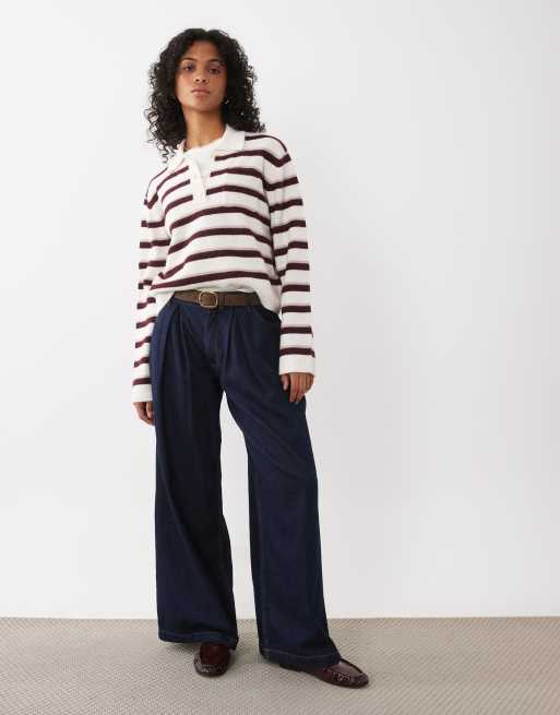 New Look knitted polo jumper in burgundy stripe, 2 of 4