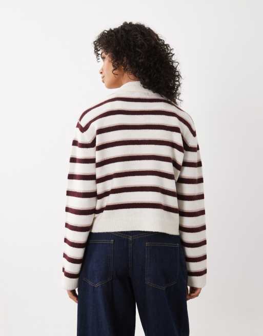 New Look knitted polo jumper in burgundy stripe, 3 of 4