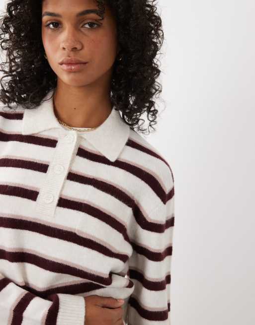 New Look knitted polo jumper in burgundy stripe, 4 of 4