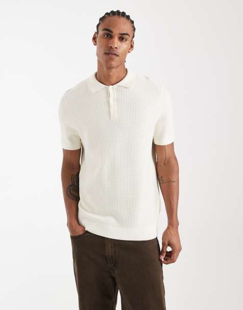 New Look knitted polo t-shirt in cream - view 1