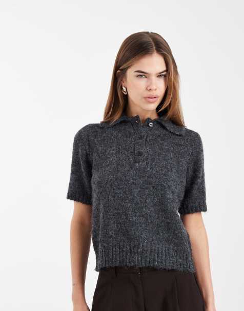 New Look knitted polo t-shirt in grey