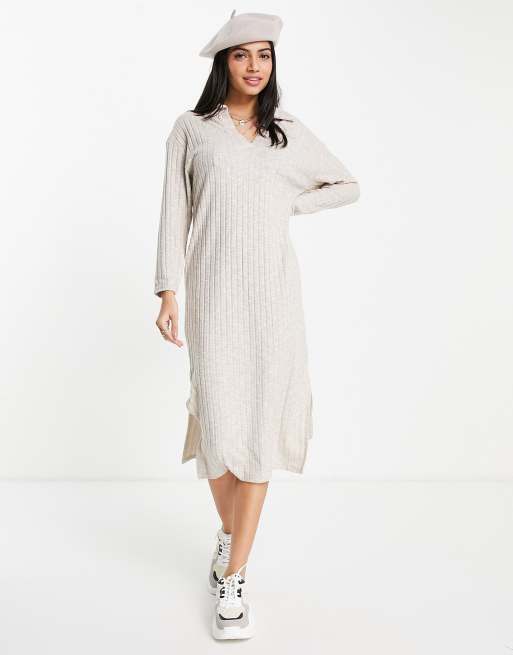 New Look knitted rib collar dress in oatmeal, 2 of 4