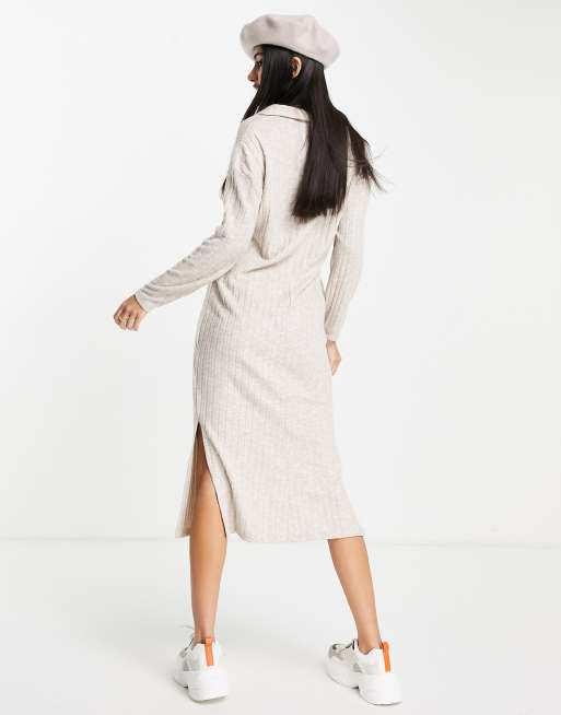 New Look knitted rib collar dress in oatmeal, 3 of 4