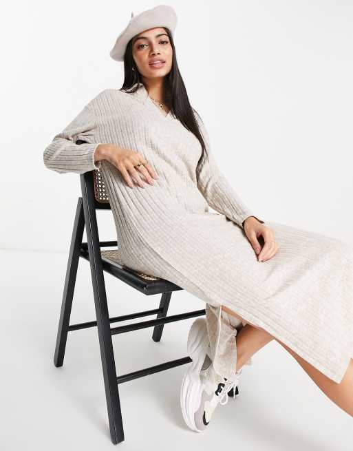 New Look knitted rib collar dress in oatmeal
