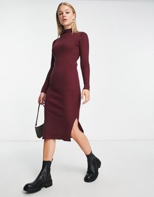 New Look knitted ribbed dress in burgundy-Red