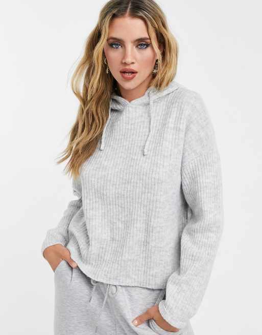 New Look knitted ribbed hoodie in gray