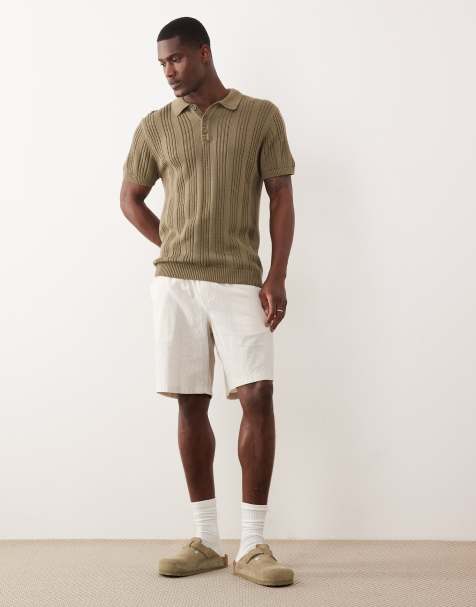 New Look knitted ribbed stripe polo in khaki - view 1