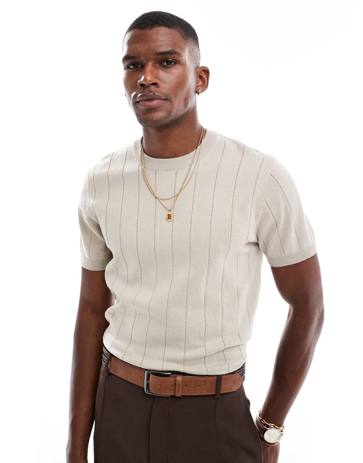New Look knitted short sleeve polo shirt in off white