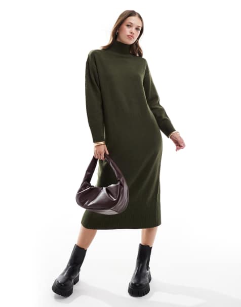 New Look knitted stand neck midi dress in khaki
