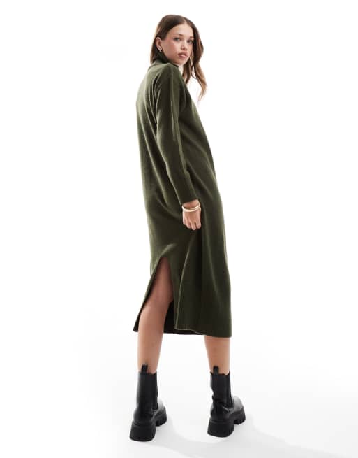 New Look knitted stand neck midi dress in khaki, 3 of 4