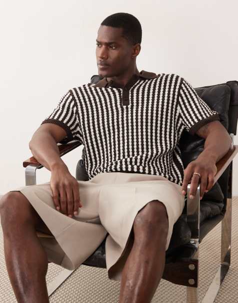 New Look knitted stripe textured polo in brown - view 1