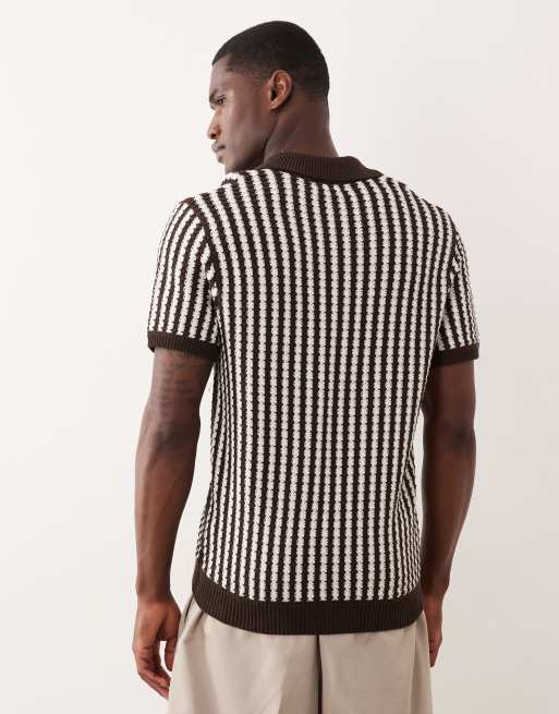 New Look knitted stripe textured polo in brown, 5 of 5