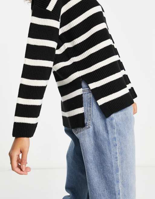 New Look knitted striped crew neck jumper with side split detail in black, 3 of 4