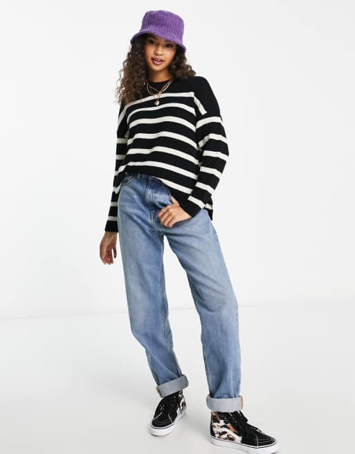 New Look knitted striped crew neck jumper with side split detail in black, 4 of 4