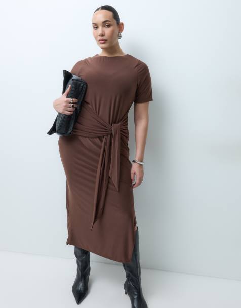 New Look knot detail midi dress in dark brown - view 1