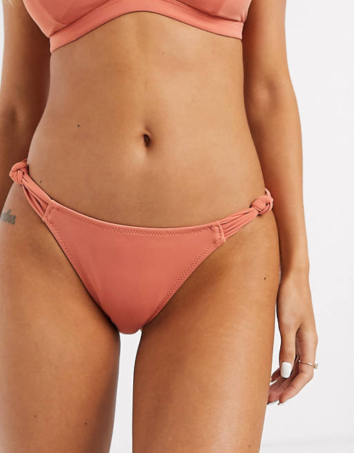 New Look knot detail tie side bikini bottoms in coral