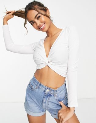 New Look knot front long sleeve crop top in white