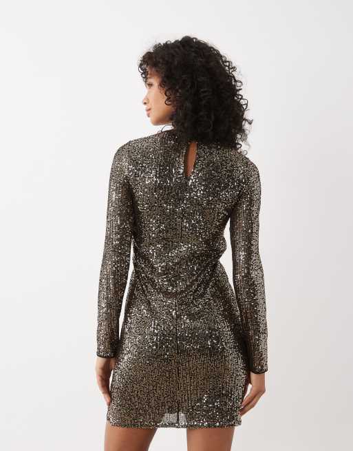 New Look knot front long sleeve sequin mini dress in gold, 3 of 4