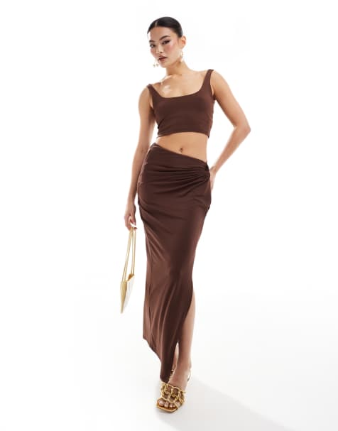 New Look knot side midi skirt in brown - view 1