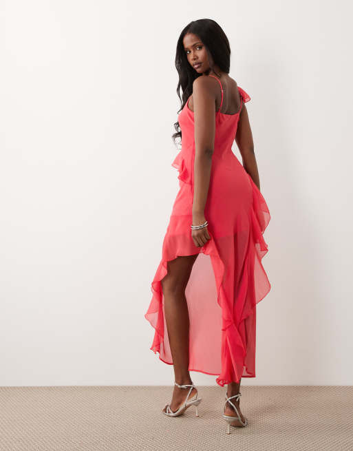 New Look - Koralfarvet midikjole i chiffon med asymmetrisk snit, 3 af 4
