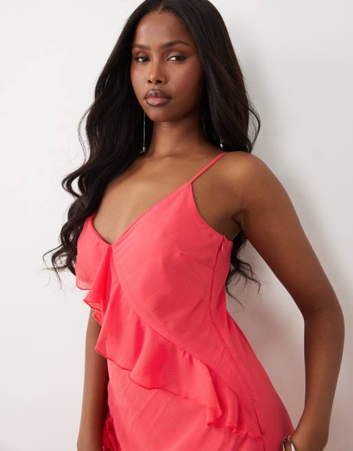 New Look - Koralfarvet midikjole i chiffon med asymmetrisk snit, 4 af 4