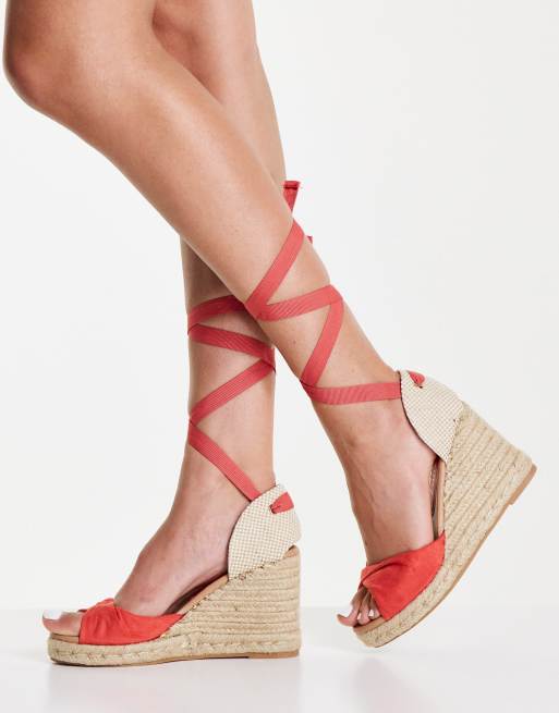 New Look – Korallrosa espadriller med kilklackar och knytning, 4 av 4