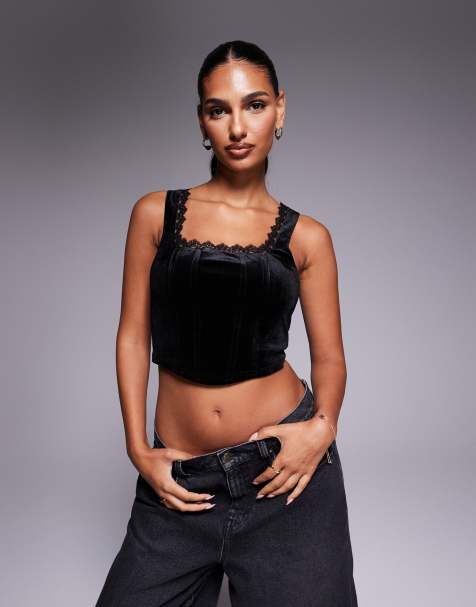 New Look – Korsett-Top aus Samt in Schwarz - view 1