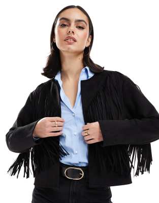 New Look - Kragenlose Jacke aus Wildlederimitat in Schwarz mit Fransen