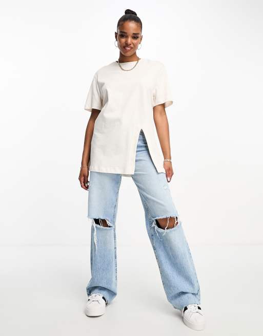 New Look – Krämvit t-shirt i boyfriend-modell med slits, 4 av 4
