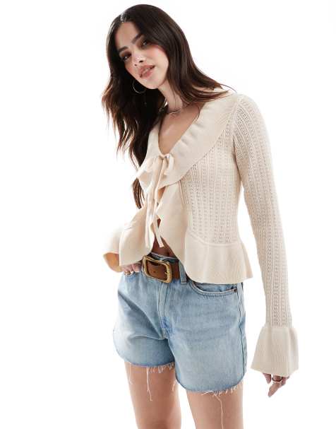 New Look frill detail cardigan in cream