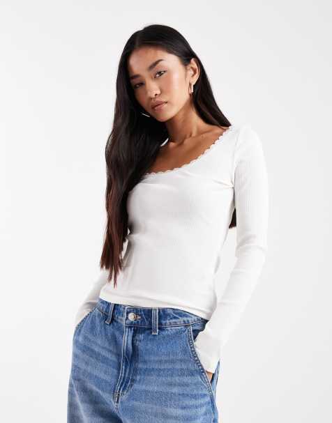 New Look square neck lace trim top in cream