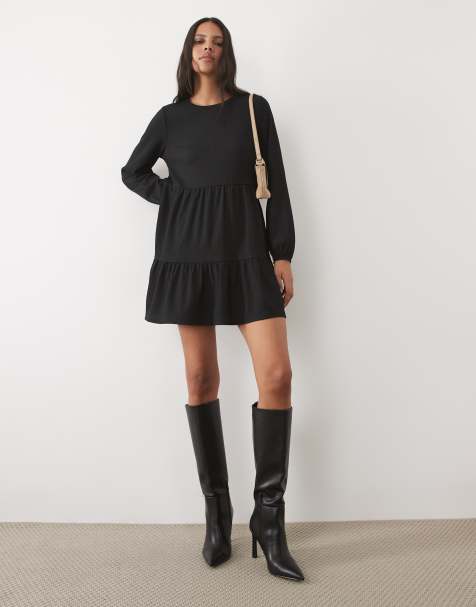 New Look kreukelige mini-jurk met lange mouwen in zwart - view 1