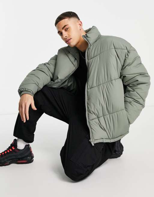 New Look – Kurtka puchowa z wysokim kołnierzem w kolorze khaki, w jodełkę