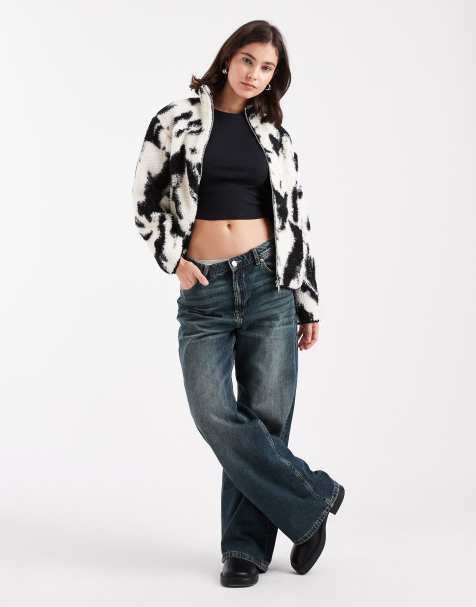 New Look abstract print borg jacket in black