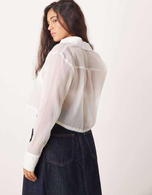 New Look – Kurz geschnittene Hemdbluse in Weiß mit Kordelzug an der Taille, 3 von 4