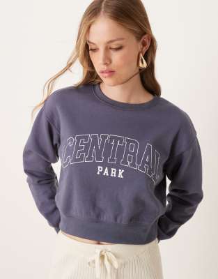 New Look - Kurz geschnittener Pullover in Blau mit „Central Park"-Print-Marineblau