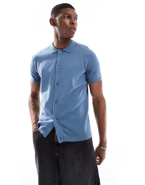 New Look – Kurzärmeliges Strickhemd in Blau mit Knopfleiste - view 1