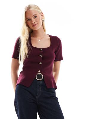 New Look - Kurzärmlige Strickjacke in Burgunderrot mit eckigem Ausschnitt