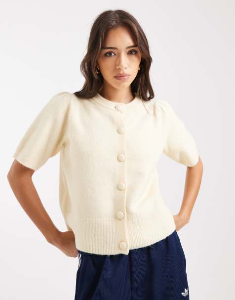 New Look – Kurzärmlige Strickjacke in Gelb mit Knopfleiste - view 1