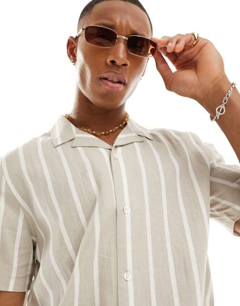 New Look – Kurzärmliges Hemd aus Leinenmix in gestreiftem Steinbeige - view 1